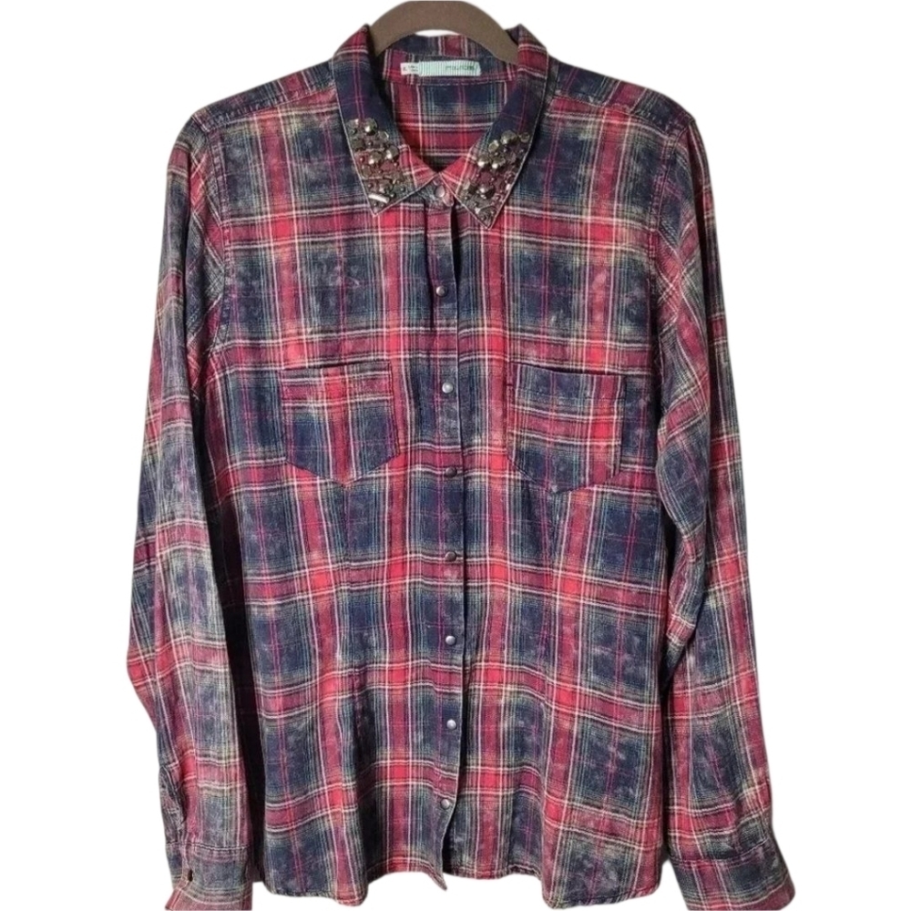MAURICES Wmns XL Rustic red plaid jeweled collar Snap Shirt Western Rodeo
